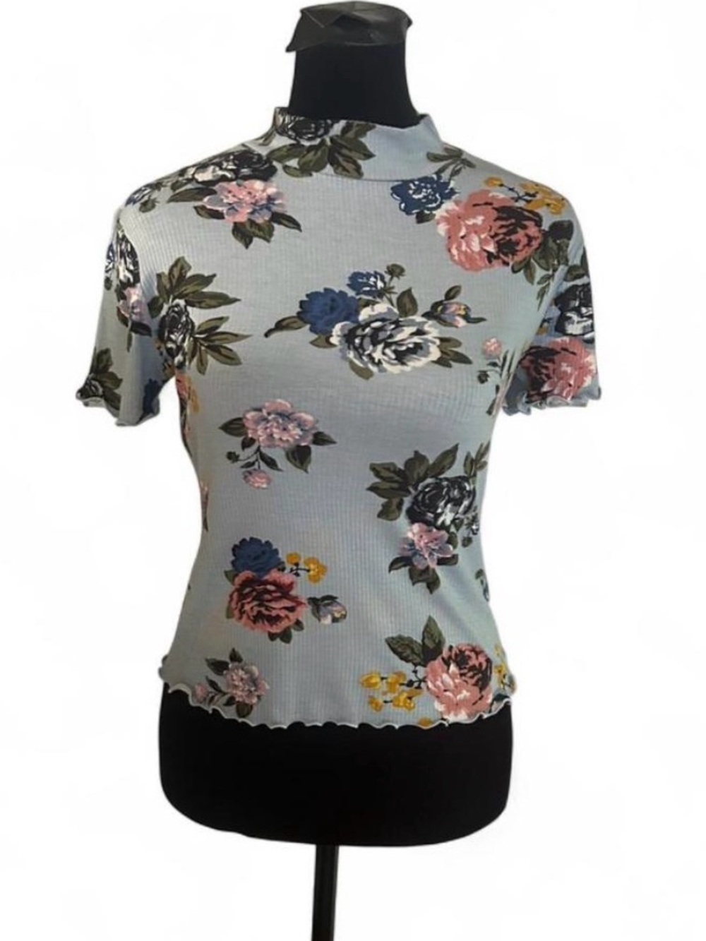 Candies Blue Floral Mock Neck Rib Knit Short Sleeve Stretch Top, Size S
